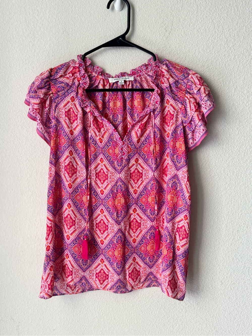 Rose & Olive Pink and Purple Printed Ruffled Tie-Neck Blouse
